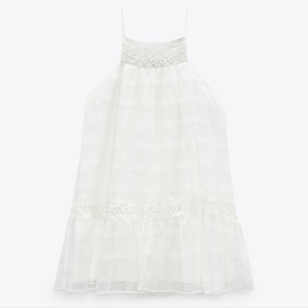 New Zara Halter Lace Babydoll Short Mini Dress White NWT Size Small - Picture 7 of 16